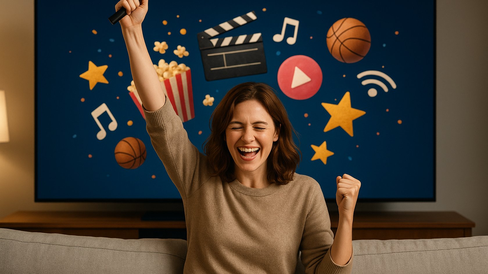 frau freut sich auf dem sofa vor einem bildschirm über ihren stick frau freut sich auf dem sofa vor einem bildschirm über ihren stick