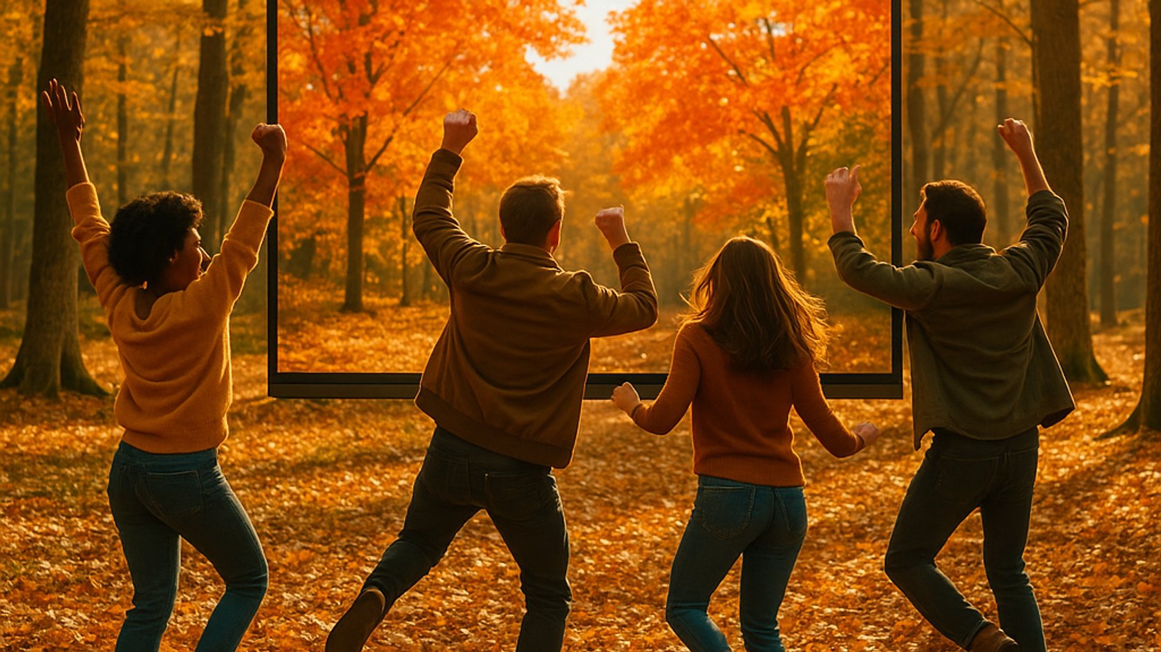 freunde tanzen vor der herbstlichen screen im wald freunde tanzen vor der herbstlichen screen im wald