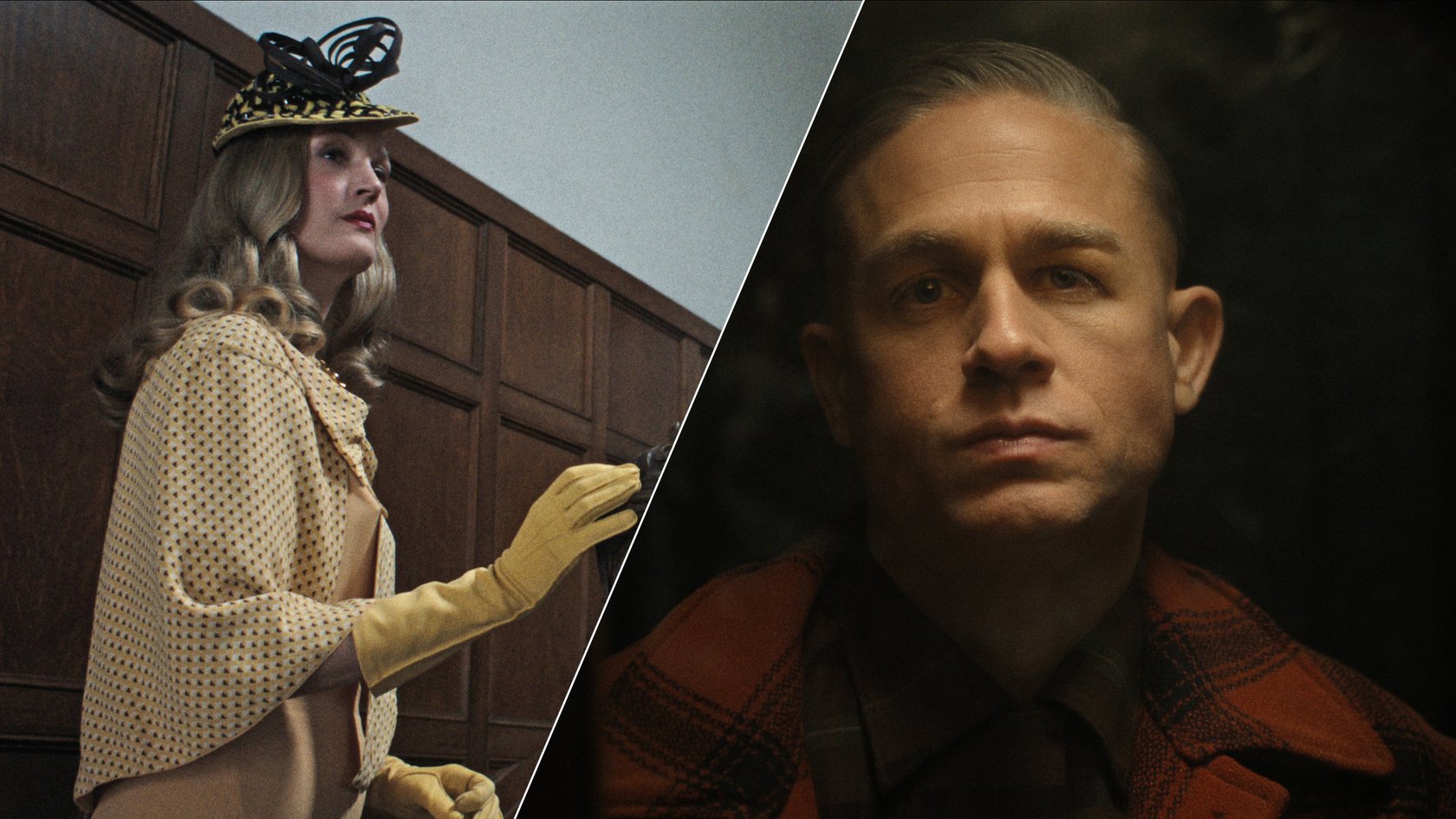 Zwei zusammen geschnittene Bilder aus "Monster: Die Geschichte von Ed Gein" zeigt links die (fiktionale) NS-Verbrecherin Ilse Koch und rechts Charlie Hunnam in der Rolle von Ed Gein Zwei zusammen geschnittene Bilder aus "Monster: Die Geschichte von Ed Gein" zeigt links die (fiktionale) NS-Verbrecherin Ilse Koch und rechts Charlie Hunnam in der Rolle von Ed Gein