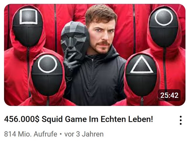Ein Video im Stil von „Squid Game“ ist das erfolgreichste des YouTubers MrBeast. Ein Video im Stil von „Squid Game“ ist das erfolgreichste des YouTubers MrBeast.