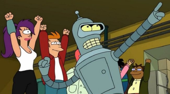 Fry und Leela jubeln Bender zu.