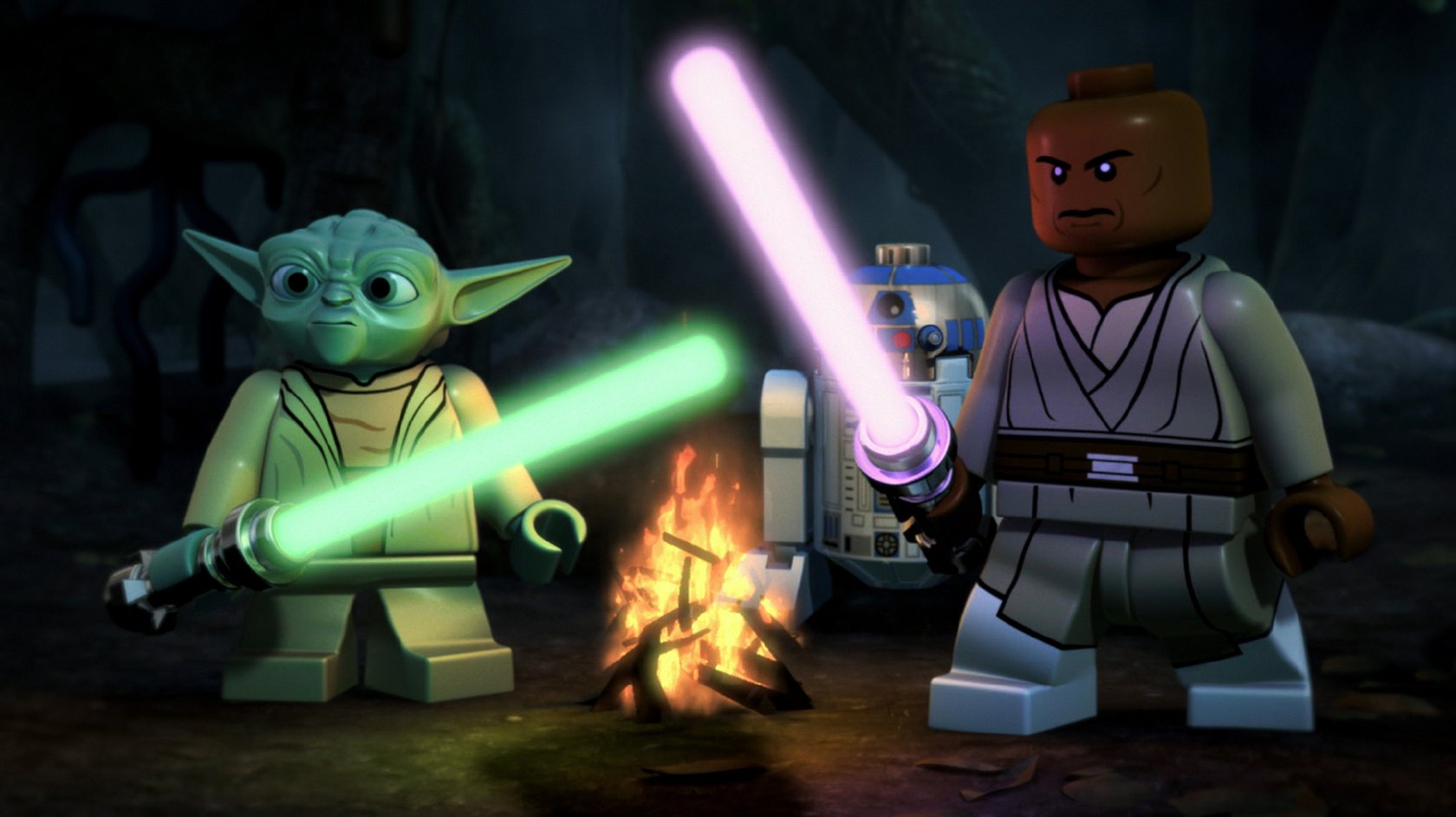 Yoda, Mace Windu und R2-D2 auf einer Mission. 