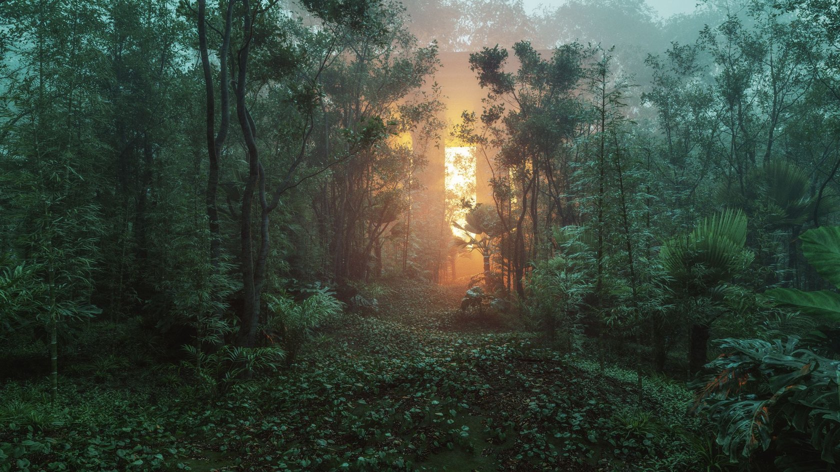 Mysterious jungle temple in the morning fog. 3D generated image.