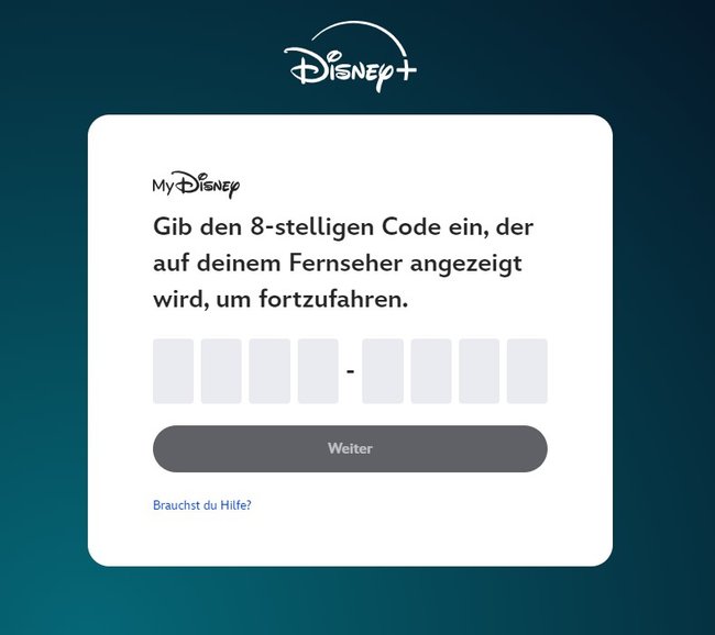 Ruft https://www.disneyplus.com/begin auf, um dort den achstelligen Code einzugeben.