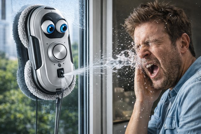 fensterputzroboter spritzt mann voll