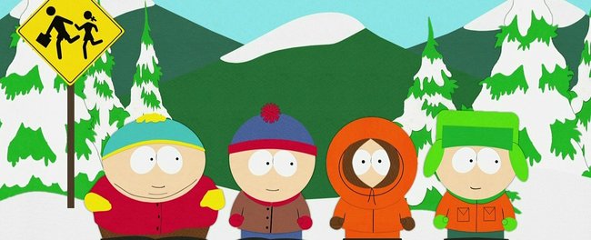 Cartman, Stan, Kenny und Kyle warten an der Bushaltestelle.