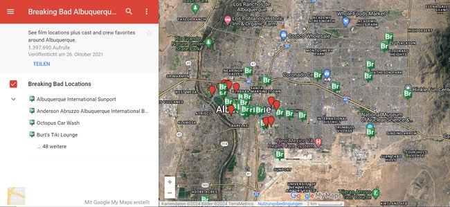 Eine Google-Maps-Liste der „Breaking Bad“-Drehorte in Albuquerque