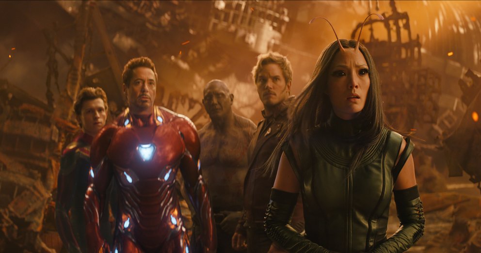 Tom Holland als Spider-Man, Robert Downey Jr. als Iron Man, Dave Bautista als Drax, Chris Pratt als Star-Lord und Pom Klementieff als Mantis ©Marvel Studios 2018