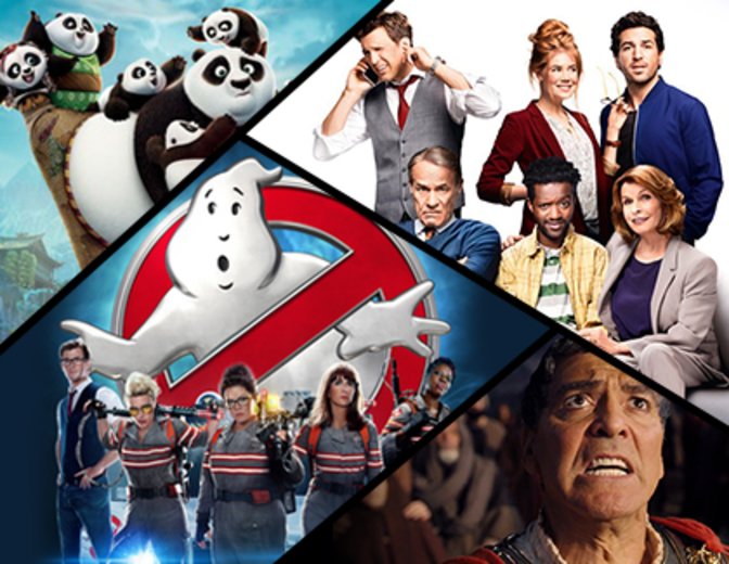 v.l.n.r.: Kung Fu Panda 3, Willkommen bei den Hartmanns, Ghostbusters, Hail, Caesar! © Dreamworks, Warner Bros., Columbia / Sony, Universal